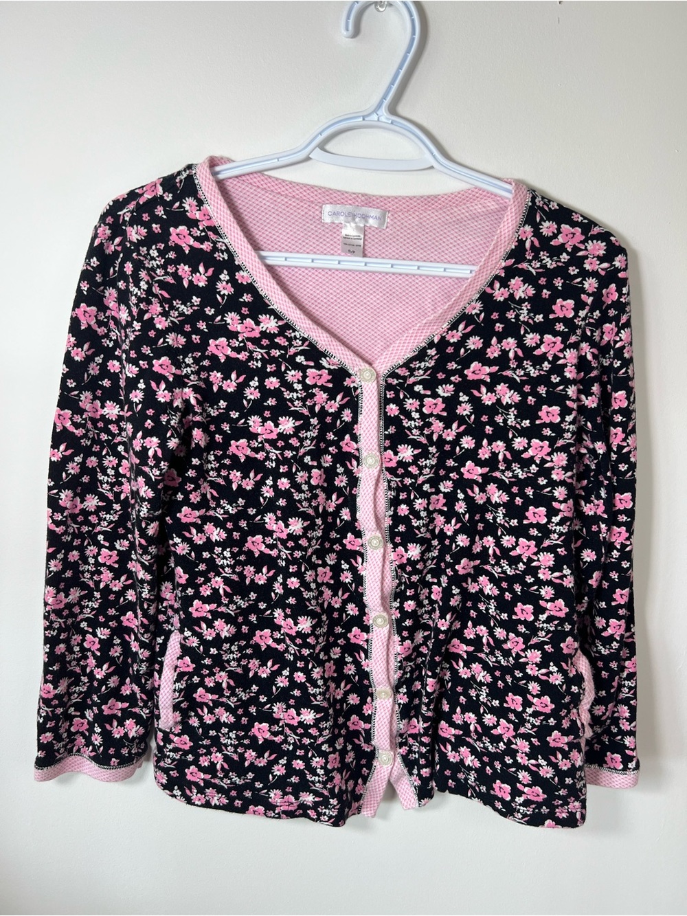 Carole Hochman Women’s Small Black with Pink Florals and Trim Pyjama Top